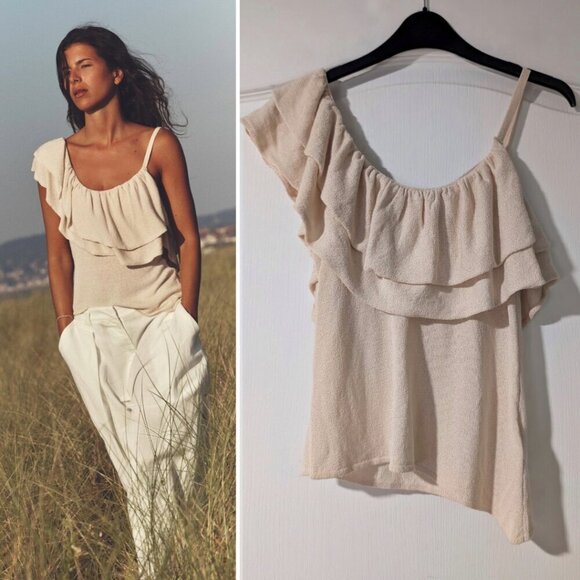 NEW Zara | Asymmetrical Ruffle Knit Top in Ecru - Picture 1 of 8